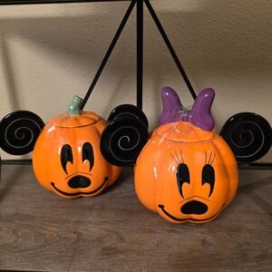 Disney Halloween Mickey & Minnie‎ Mouse Pumpkin Ceramic Jar Cookie Jar Set